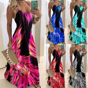 Vrouwen maxi jurk vlam print v-hals slanke zomer sling sexy mode mouwloze backless lady gradiënt elegante partij ES 210526