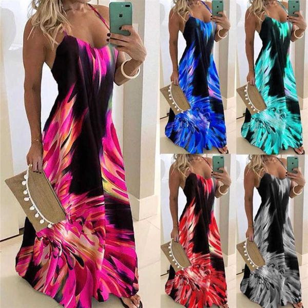 Femmes Maxi Robe Flamme Imprimer V Cou Mince D'été Sling Sexy Mode Sans Manches Dos Nu Lady Gradient Élégant Parti es 210526