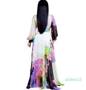 Vrouwen maxi jurk bloemen gedrukt plus maat lange mouwen v -nek chiffon losse gewaad jurken