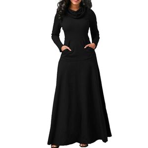 Vrouwen Maxi Jurk met Pocket Casual Solid Lange Mouw Vintage Lange Jurk Boog Hals Elegant Warm Robe Vrouwelijk Vestidos