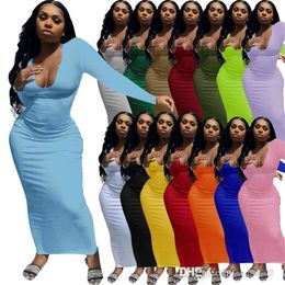 Dames maxi jurken sexy u-neck bodycon jurk van lange mouw bodycon jurk rok rok elastisch magere plus size dames casual kleding