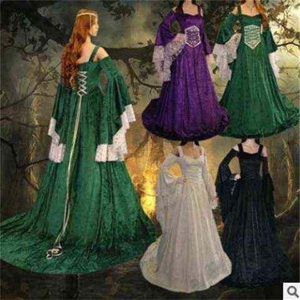 Femmes médiévale Cosplay Renaissance à lacets manches chauve-souris étage longueur robe Vintage robe balançoire Maxi longue robe S-5XL L2207141792