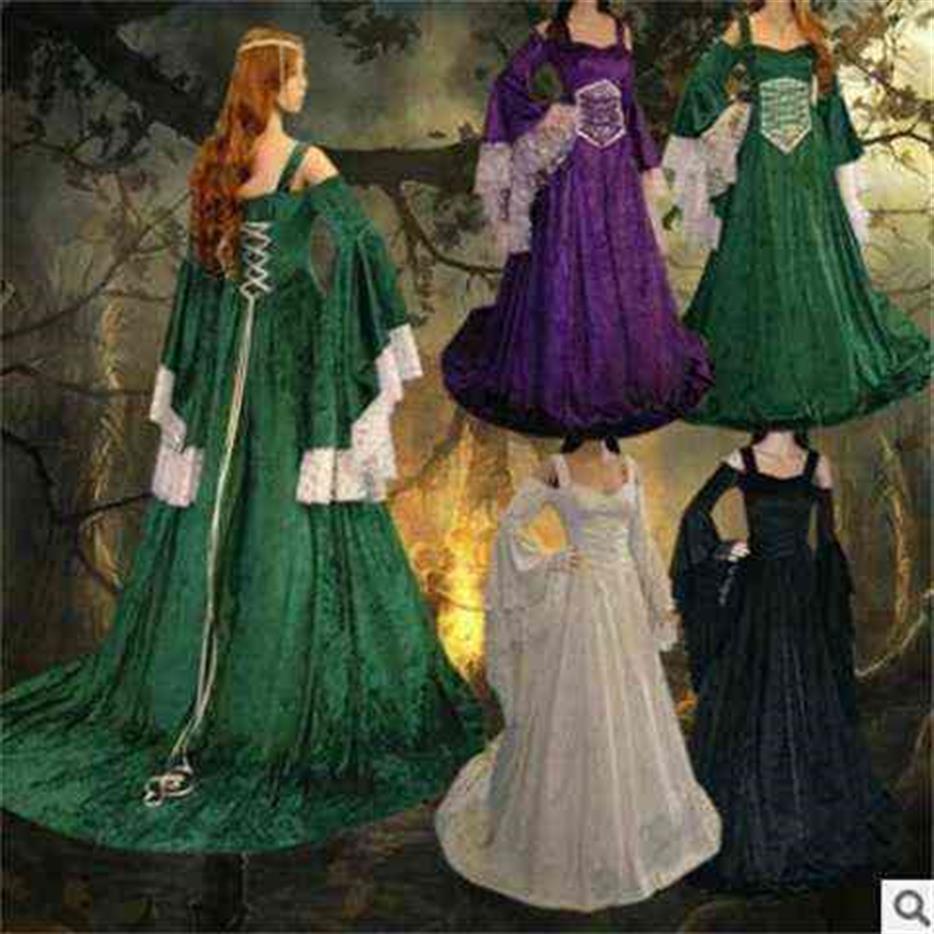 Women Medieval Cosplay Renaissance Lace Up Batwing Sleeve Floor Length Dress Vintage Dress Swing Maxi Long Dress S-5XL L220714272m