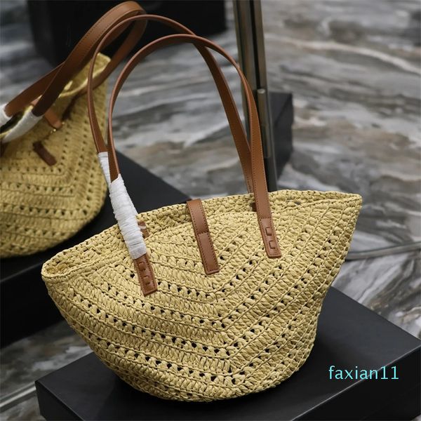 Sac fourre-tout moyen en cuir pour femme Basket Straw Bag Paume et cuir Designer Tissé à la main Cross Body Open Beach Sac à main Mesdames Summer Weave Sacs à bandoulière