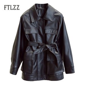 Femmes Moyen Long Faux Veste en cuir Dames avec ceinture Zipper Double boutonnage Streetwear Manteaux Femme Vêtements d'extérieur 210525