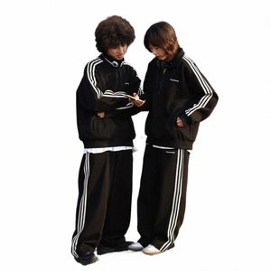 Femmes Hommes 2PCS Ensembles Side Stripe Sports Sweatshirts Pantalons pour Garçons Filles Streetwear Vintage Marque Lâche Casual Survêtement Joggers B01C #