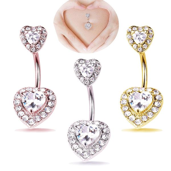 Mujeres hombres 316L Acero inoxidable barra de cristal anillo del vientre oro cuerpo Piercing botón ombligo dos corazones cuerpo perforar joyería