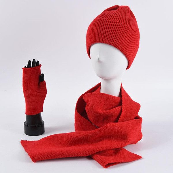Femmes hommes automne hiver solide tricoté Slouchy Beanie chapeau écharpe gants mitaines 3 pièces ensemble