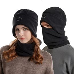 Femmes Hommes Cagoule Bonnets Snood Ensembles Polaire Casquette Chaude Mâle Femelle Hiver Cou Chaud Épaissir Doux Noir Écharpe Chapeaux pour Femmes Hommes 240111