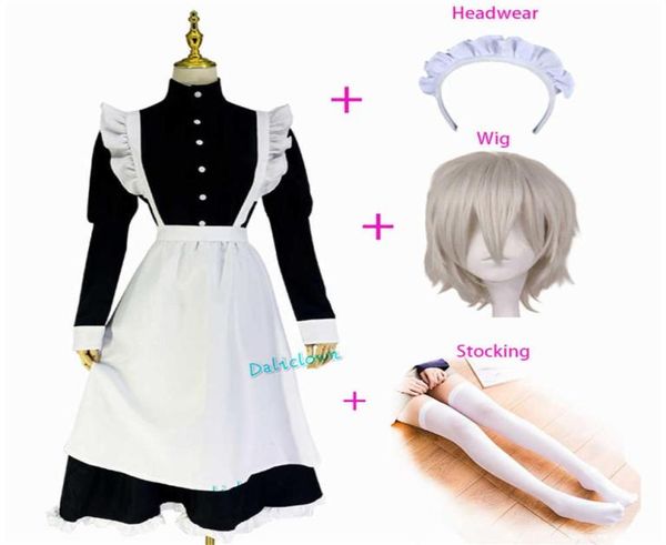 Femmes Men Crossdrressher Sissy Maid Tenfit Long noir blanc tablier robe femme de ménage uniforme anime halloween cosplay Costume Wig Y0905177397