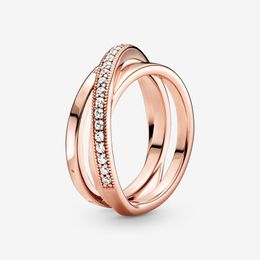 Women Men Crossover Pave Band Triple Band Ring Silver Real Sterling con caja original para la joya de boda de oro rosa Pandora Girlfriend Anillos de compromiso de regalo