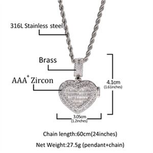 Mujeres Hombres Collares de fotos personalizados Iced Out CZ Zircon Diamond Heart Clamshell Heart Colgante Charm Necklace Hip Hop Bling Jewelry para los amantes Regalo