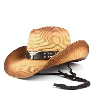 Chapeau de Cowboy occidental creux pour femmes et hommes, en paille d'été, Sombrero Hombre de plage, Cowgirl Jazz, chapeau de soleil, corde à vent, taille 57-59CM2135