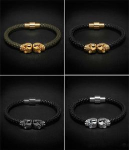 femmes hommes hommes noirs en cuir authentique bracelet tressé hommes en acier inoxydable pour femmes bracelet de crâne doré pour5045100
