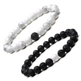 Lot de 2 bracelets en pierre naturelle avec brins de perles, lave noire, blanc, turquoise, roche, chakra, couple, distance, chaîne à main, joli cadeau pour les amoureux