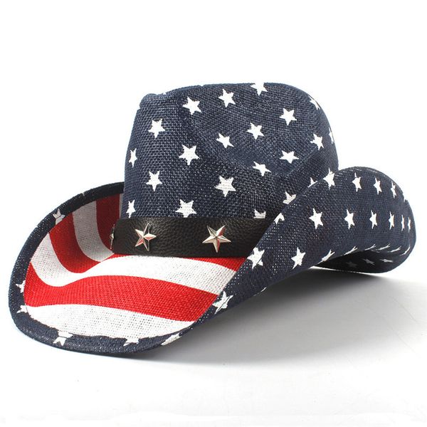 Femmes hommes chapeau de Cowboy en paille pour Western Sombrero Hombre casquettes de Cowboy avec drapeau USA taille 58 CM FS3767 C0621x02