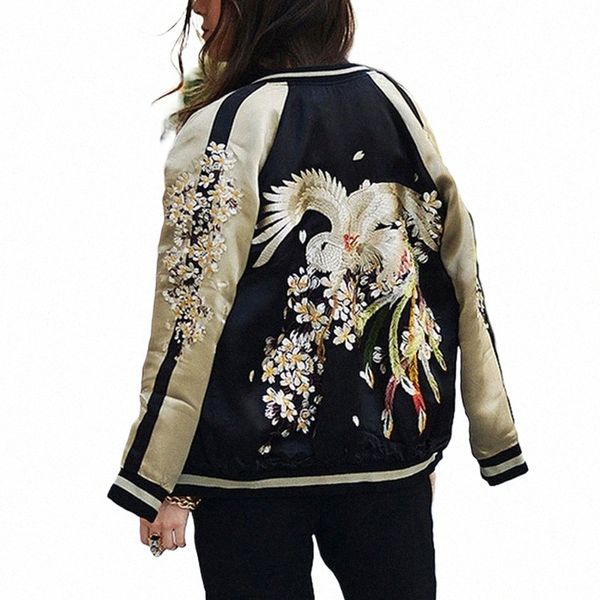 Femmes Hommes Sukajan Baseball Bomber Veste Satin Phoenix Luxe Broderie Manteau Printemps Japon Double Face Streetwear A6oc #