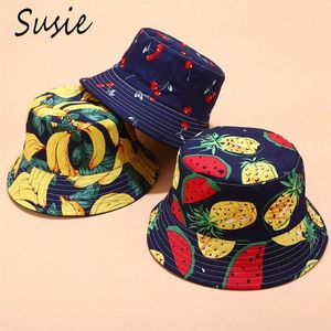 Femmes hommes été réversible pliable seau chapeau coloré Fruits tropicaux ananas banane imprimé Harajuku large bord pêcheur casquette