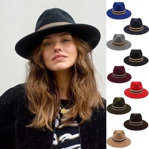 Vrouwen Mannen Vintage Streep Lint Vilt Fedora Hoed Brede Rand Gentleman Elegante Dame Winter Herfst Jazz Cap