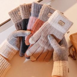 Gants chauds pour écran tactile pour hommes et femmes, mitaines en tricot extensible, en laine, doigt complet, en Crochet, automne et hiver