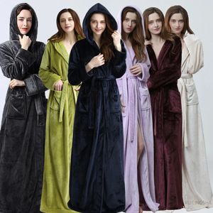 Mujeres Hombres Invierno Tallas grandes Albornoz de franela Largo con capucha Amantes cálidos Kimono grueso Albornoz de baño Acogedor Bata de lana de coral 240108