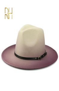 Femmes hommes lainen vintage trilby feutre Fedora Hat avec large gantleman élégant couleur dégradé pour la dame d'automne d'automne Caps de jazz l3841635