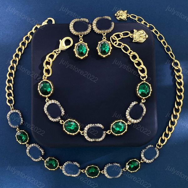 Femmes Hommes Chaîne Bracelet Bracelet Vert Cristal Collier Designer Bijoux Ensembles Épais Chaînes En Or Lien Diamant Boucles D'oreilles G Émail Hip Hop avec Boîte