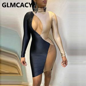 Femmes Mesh Insert Cutout Front Dress Slinky Bodycon Soirée Club Robes 210702