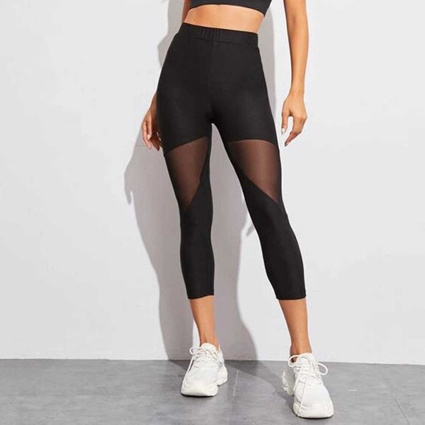 Femmes Mesh Patchwork Sport Leggings Cheville-longueur Pantalon Solide Vêtements De Sport Taille Haute Collants Pour Femmes Gym Push Up Yoga Pantalon # T1P H1221