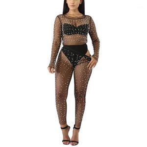 Dames Mesh Pearls Kralen Sexy Tweedelige Set Zomer Outfits Zien via Tops en Broek Suit Matching 2 Ensemble Femme Women's Trainingspakken