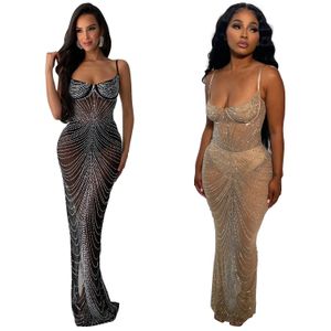 Femmes maille voir si diamants perceuse chaude sans manches sangle moulante Maxi robe 2023 Sexy soirée robes longues robes