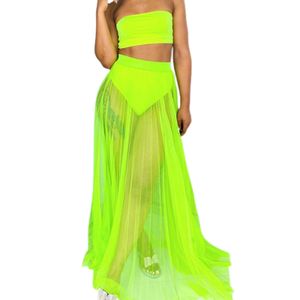 Femmes Mesh Sheer High Taille Bikini Ensemble Néon Bandeau Crop Tops Voir-à travers Cover Up Jupes Trois Pièces Costumes Maillots De Bain Robe De Plage 210520