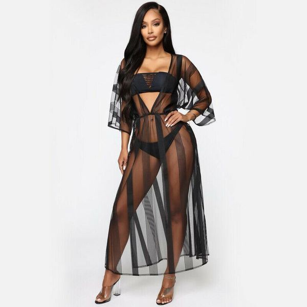 Mujeres malla pura transparente bikini encubrimiento de verano cárdigan de verano playa vestida larga femenina rayado sexy negro cubo negro sarongs