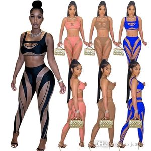 Vrouwen mesh gestikte broek set sexy holle crop top vest zomer tweedelig outfits clubkleding clubkleding