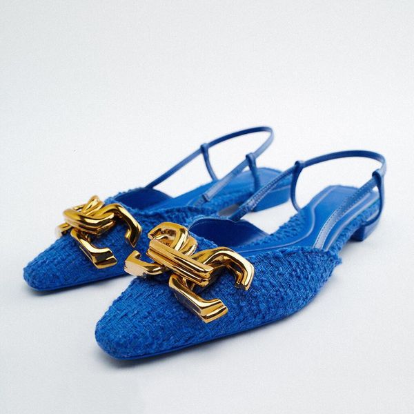 Femmes de décoration métallique Designer Chaussures d'été décontractées Sandales plates pointues Mules bleues Femme 230403 4560