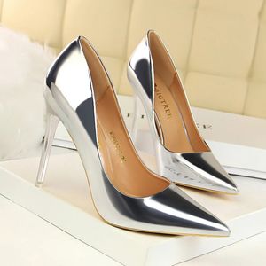 Dames Metallic Lederen Pumps 75cm 105cm Hoge Hakken Dame Stiletto Lage Bruiloft Bruids Zilver Goud Sparkly Kwaliteit Schoenen 240320