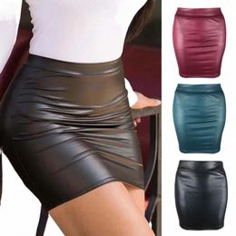 Femmes Mini/Lg jupe couleur unie taille haute coupe ajustée maigre mat Faux cuir confortable banlieue Bodyc jupe Streetwear 03KY #