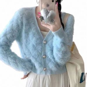 Femmes Mohair Cardigan Bleu Doux Pull En Tricot Fuzzy Avec Perle Bout Automne Hiver C7nE #