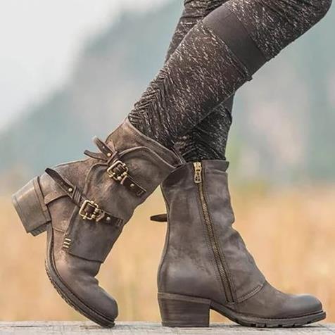 Women Motorcycle Boots Leather Buckle Ankle Boots for women Heel Large Size Side Zipper Ladies Knight Boots zapatos de mujer