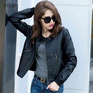 Femmes Moto Veste en cuir Plus Taille O Cou Zipper Faux S Noir Biker Manteau Vintage Street 210430