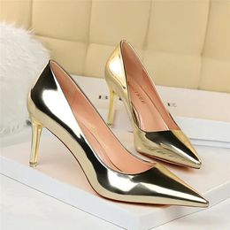 Zapatos de tacón de cuero de bronce Mteallic para mujer, tacones altos de 75cm y 105cm, zapatos de tacón de aguja para boda media, zapatos para eventos nupciales dorados y plateados 240311