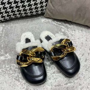 Vrouwen muilezels bont winter slipper lage hakken casual dia's ronde neus nieuwe collectie ontwerp gouden ketting gesloten slip op schoenen 2022