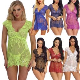 Femmes Multicolore S-XXL Sexy Plongeant Col En V Floral Cils Dentelle Maille Cap Manches Babydoll Sheer Chemise Lingerie Vêtements De Nuit Robe Pa197p