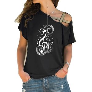 Femmes Note de musique graphique t-shirt Musique femmes mode nouveau t-shirt Irrégulier Skew Cross Bandage coton tee tops 210330