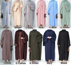 Femmes Muslim Cardigan Abaya Middle East Dubai Party Robe Cardigan Couleur Plaine Robe Headscarf Casual Burqas 3 pièces Set 240325