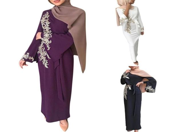 Mujeres musulmanas Dubai Abaya Maxi vestido de manga larga encaje floral rebordear Hijab Kaftan8075767