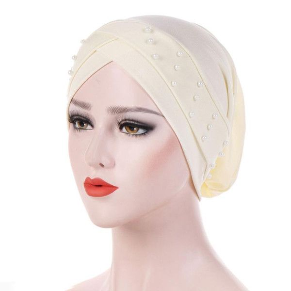 Femmes Musulman Chapeaux Style Occidental Accessoires Front Croix Bonnet Turban Bonnet De Chimiothérapie Mode Pour Le Cancer Solid Stretch Perle