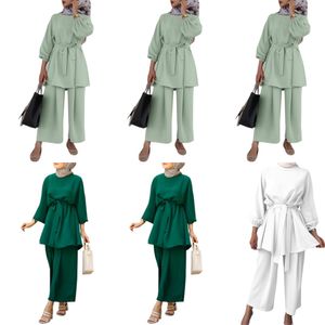 Mujeres musulmanas verano 2 uds conjunto de trajes de manga larga con cinturón túnica Tops pierna ancha pantalones sueltos Color sólido Dubai Kaftan Hijab X0428