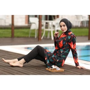 Femmes de maillots de bain musulmans Impression de feuilles lslamiques Hijab 3 PCS Manches longues Sport Swimsuit Burkinis Bathing Abaya