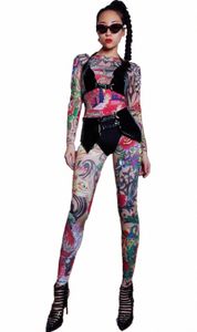 Vrouwen Naakte Tattoo Bikini 3D Afdrukken Sexy Jumpsuit Nachtclub Party Bodysuit Stadium Slijtage Danser Zanger Prestaties Kleding X4Mh #